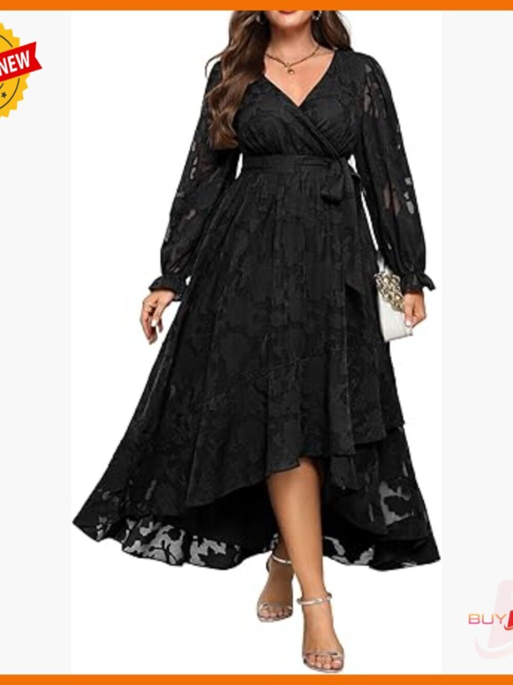Plus Size Floral Wrap V Neck Long Sleeve Maxi Dress with Belt